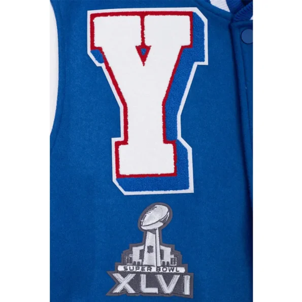 Close-up of NY Giants mashup rib varsity jacket embroidery.