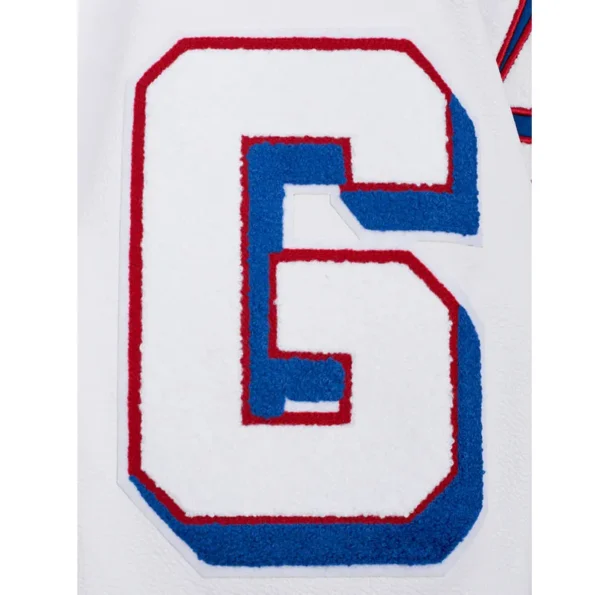 Close-up of NY Giants mashup rib varsity jacket embroidery.