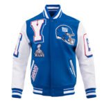 Front view of NY Giants mashup rib varsity jacket.