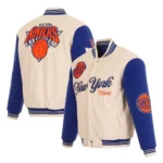 Front view NY Knicks cream and royal varsity jacket photo.