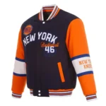 Front view of NY Knicks navy and orange varsity jacket.