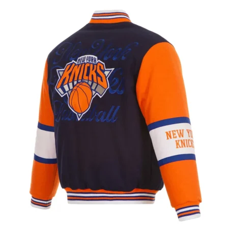 Back view of NY Knicks navy and orange varsity jacket.