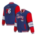 Front view Philadelphia 76ers royal varsity jacket photo.