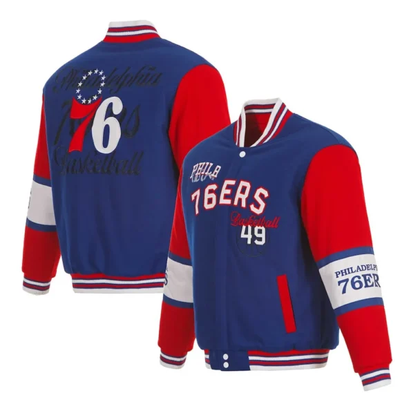 Model wearing Philadelphia 76ers varsity jacket front and back.