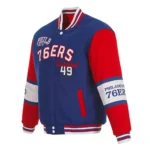 Front view of Philadelphia 76ers royal varsity jacket.