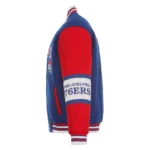 Front view Philadelphia 76ers royal varsity jacket photo.