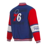 Front view Philadelphia 76ers royal varsity jacket photo.