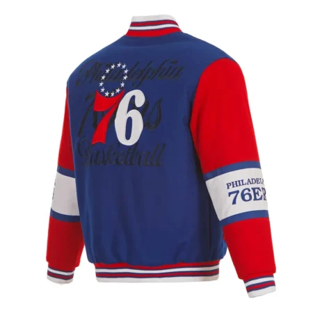 Back view of Philadelphia 76ers royal varsity jacket.