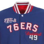 Front view Philadelphia 76ers royal varsity jacket photo.