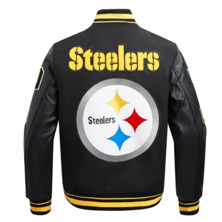 Back view of Pittsburgh Steelers mashup varsity jacket.