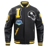 Front view of Pittsburgh Steelers mashup varsity jacket.