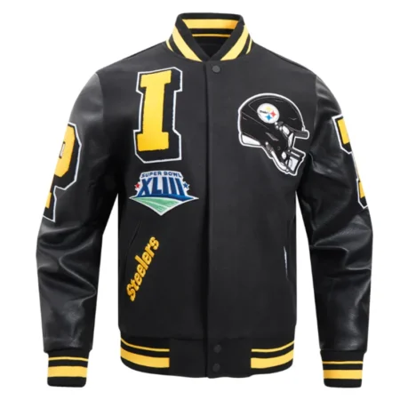 Front view of Pittsburgh Steelers mashup varsity jacket.