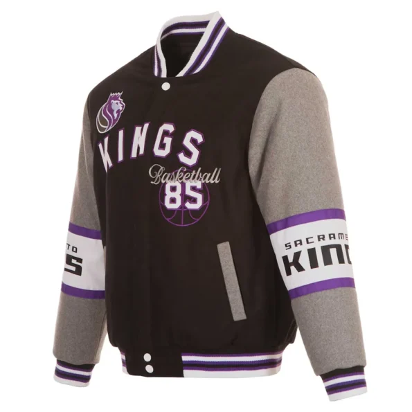 Front view of Sacramento Kings varsity wool jacket.