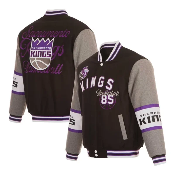 Model wearing Sacramento Kings varsity wool jacket front and back.