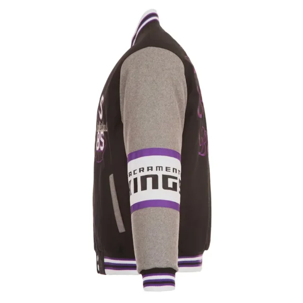 Side view of Sacramento Kings varsity wool jacket.