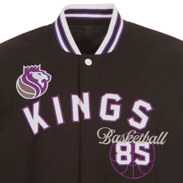 Close-up of Sacramento Kings varsity wool jacket embroidery.