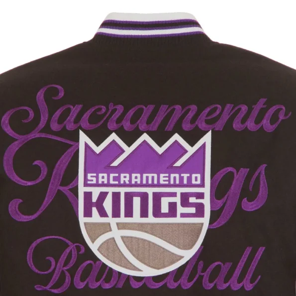 Close-up of Sacramento Kings varsity wool jacket embroidery.