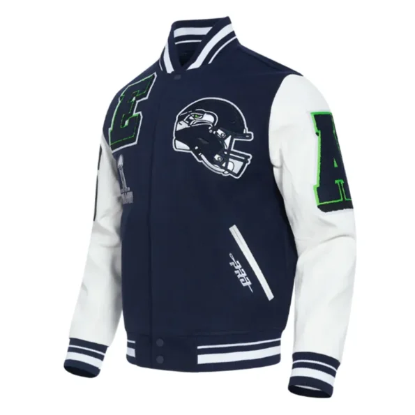 Side view of Seattle Seahawks mashup rib varsity jacket.