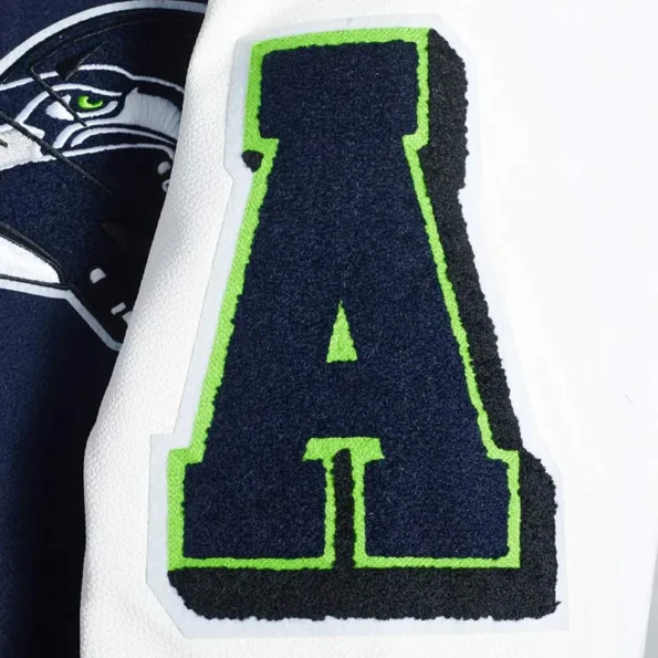 Close-up of Seattle Seahawks mashup varsity jacket embroidery.