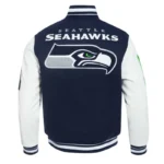 Front view Seattle Seahawks mashup rib varsity jacket photo.