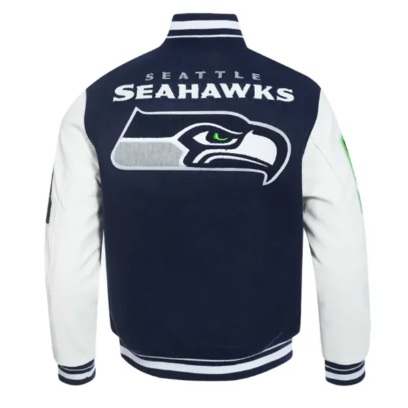 Back view of Seattle Seahawks mashup rib varsity jacket.