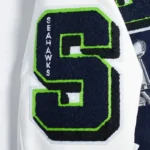 Front view Seattle Seahawks mashup rib varsity jacket photo.