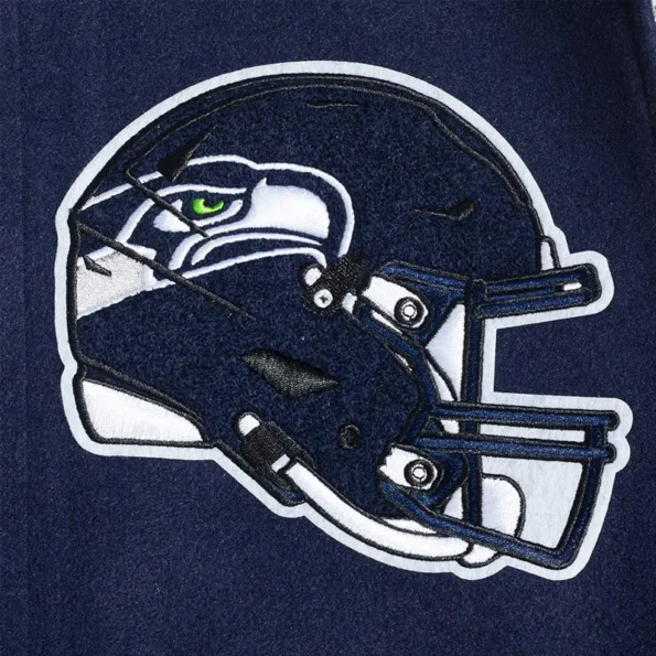 Close-up of Seattle Seahawks mashup varsity jacket embroidery.