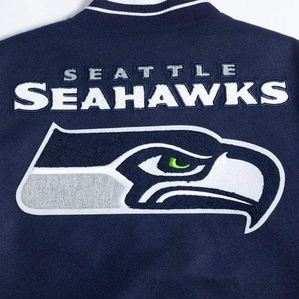 Close-up of Seattle Seahawks mashup varsity jacket embroidery.