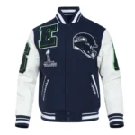 Front view Seattle Seahawks mashup rib varsity jacket photo.