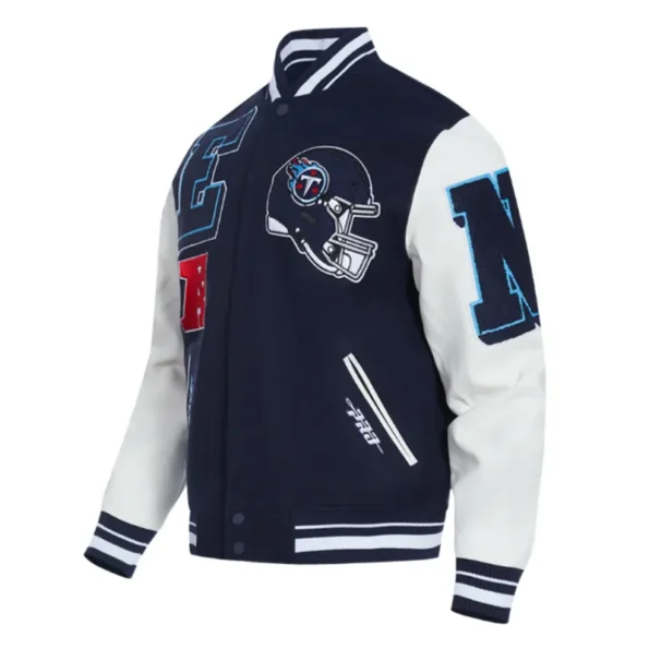Side view of Tennessee Titans mashup rib varsity jacket.