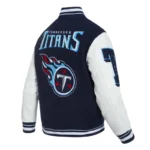 Front view Tennessee Titans mashup rib varsity jacket photo.