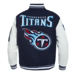 Front view Tennessee Titans mashup rib varsity jacket photo.
