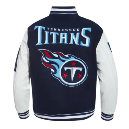 Back view of Tennessee Titans mashup rib varsity jacket.