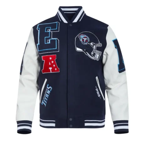 Front view of Tennessee Titans mashup rib varsity jacket.